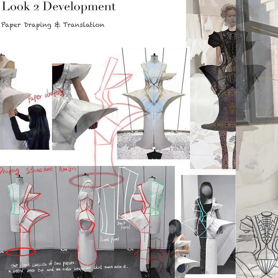 A fashion design development board showing collaged images of a structural garment being draped in paper on a mannequin, technical drawings highlighting structure, and a final digital image of the outfit on a model.