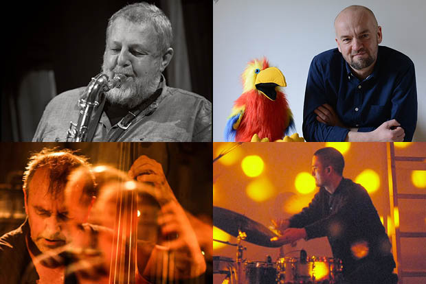 Montage of jazz musicians, Paul Dunmall, Liam Noble, John Edwards and Kai Charensey