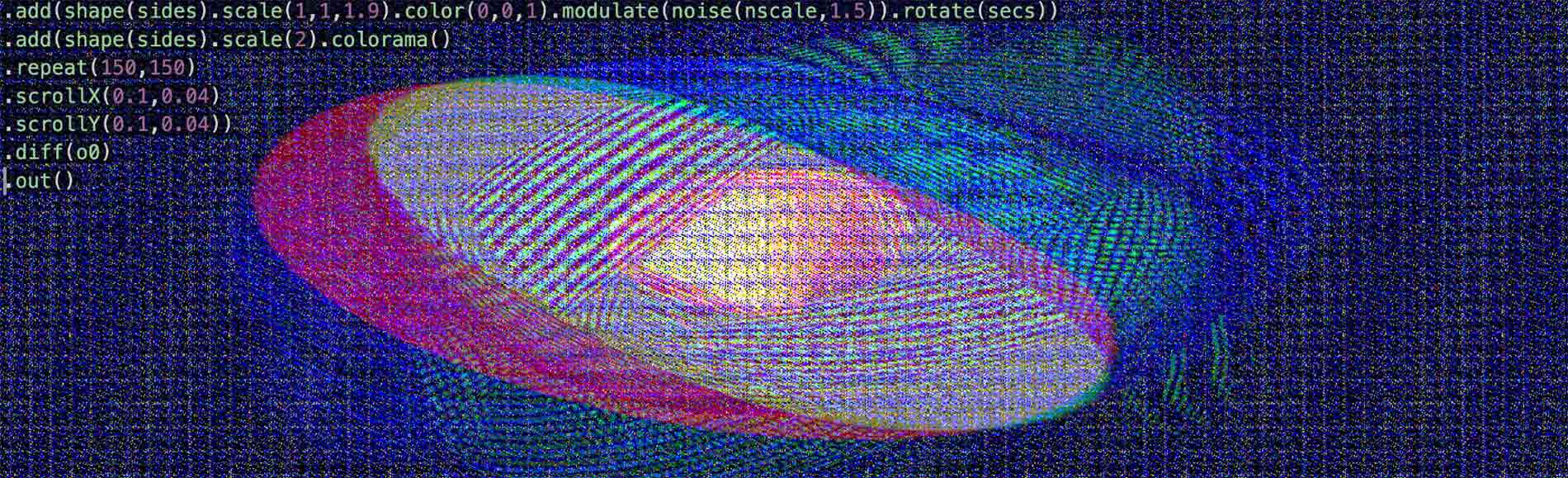 A digital image showing an abstract, vibrant, textured ellipsoid shape in shades of pink, yellow, and blue, set against a dark, grainy background. Lines of code are visible at the top.