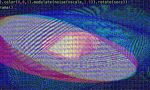A digital image showing an abstract, vibrant, textured ellipsoid shape in shades of pink, yellow, and blue, set against a dark, grainy background. Lines of code are visible at the top.