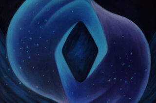 Spiralish abstract image in blue with dark blue lozenge in the centre