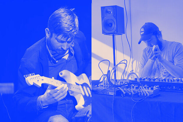 Composers/musicians Seán Clancy & Matt Sargent with blue wash
