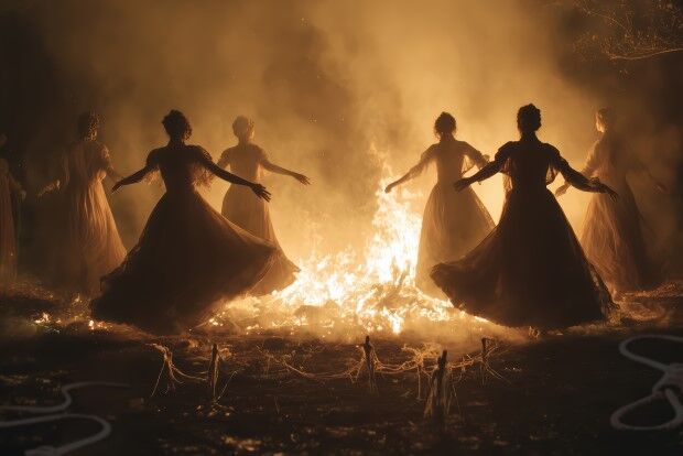 Women in silhouette dancing around a bonfire
