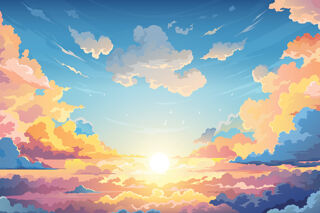 Colourful illustration of radiant sun and clouds