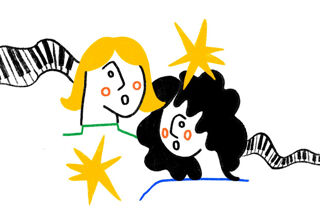 Stylised illustration of two women against piano keyboard