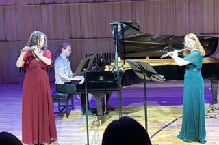 Argentis Flute Duo, Lottie Mahoney (flute) and Maia Robert (flute) and Alex Wyatt (piano) performing at RBC Recital Hall