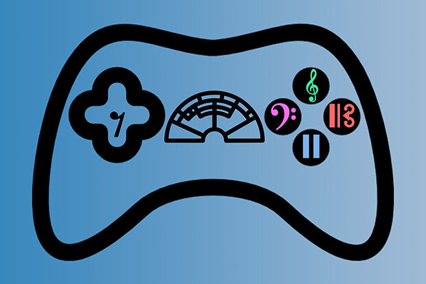 Computer game controller with music notation clef symbols