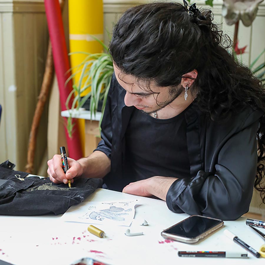 Drawing in the studio. 