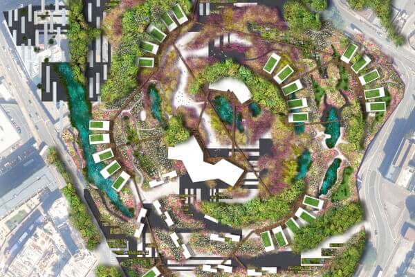 A top-down layout of a park