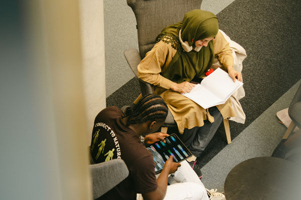 Two students studying from above