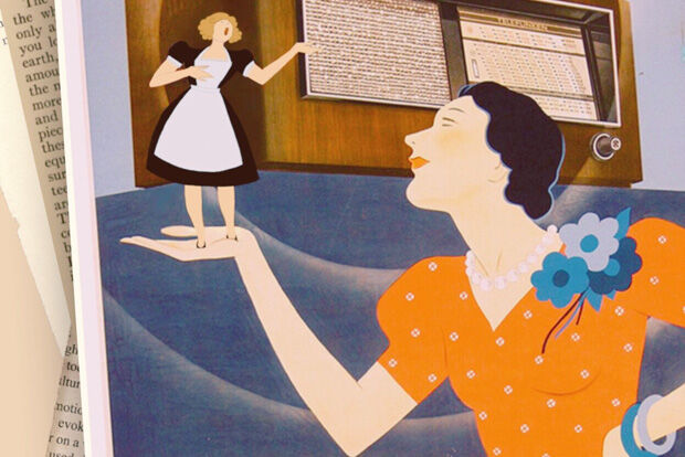 Colour illustration of a 1930s lady holding a miniature singing maidservant in her outstretched hand.