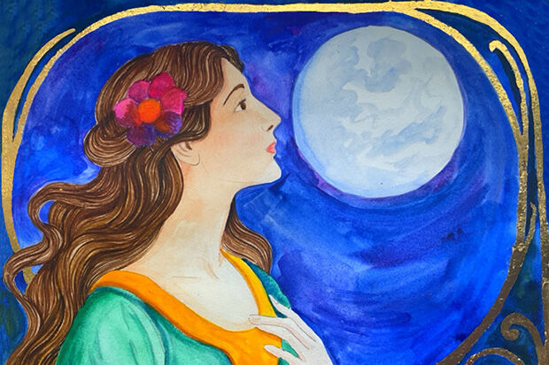 Watercolour of medieval-looking young woman in profile against a full moon