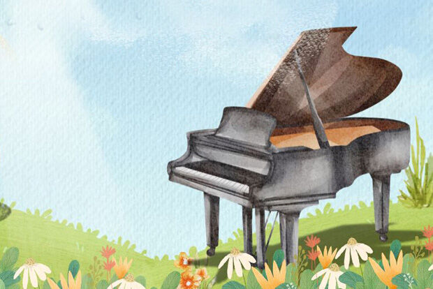 Watercolour of grand piano in flowery meadow