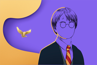 Stylised representation of fictional character Harry Potter, plus a owl