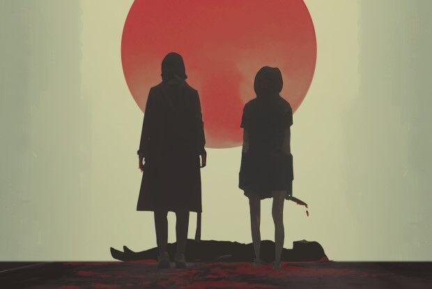 Two figures silhouetted against a red sun standing over a body lying on the ground