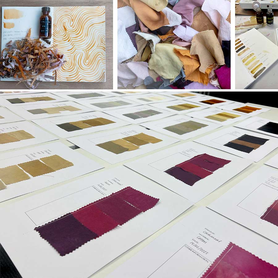 A collection of textile swatches dyed with natural dyes, showing a range of browns, pinks, and reds, along with raw dye materials and colour tests.