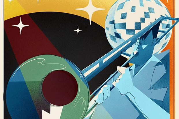 stylised colourful illustration of trombone player with mirror ball