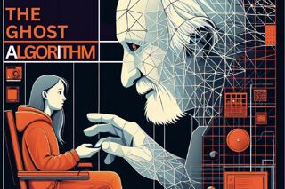 AI generated illustration of girl facing giant computer, out of which is emerging an old man reaching out to take the girl's hand.