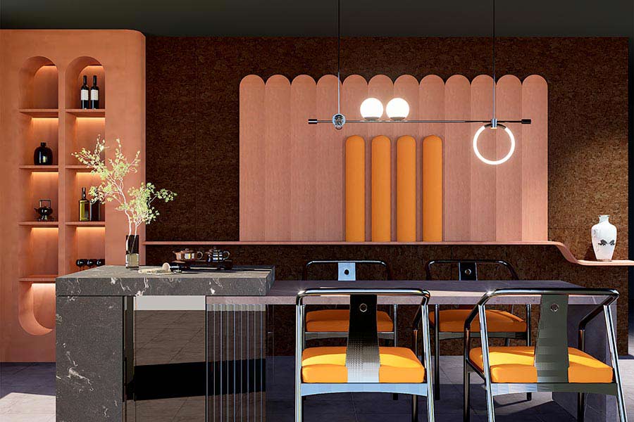 Proposal of interior using cork as wall cladding (in collaboration with Sofalca, cork manufacturer), 2023/24