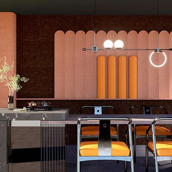 Proposal of interior using cork as wall cladding (in collaboration with Sofalca, cork manufacturer), 2023/24