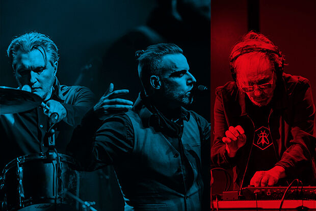 Colourful montage of three men gesticulating dramatically