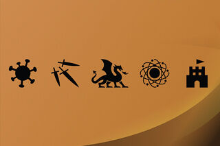 Silhouettes of symbols for virus, three swords, dragon. atom and castle/fort against orangey brown background