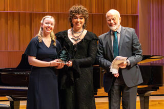2024 joint winners of Birmingham Festival Choral Society Oratorio Prize Beth Taylor and Laura Toomey with BFCS chairman David Fletcher.