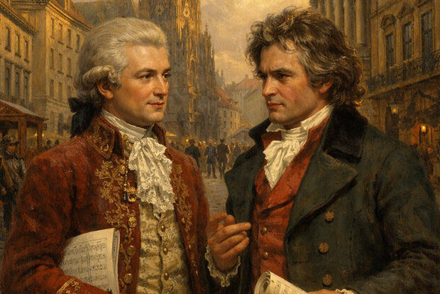 AI generated image of Mozart and Beethoven in a Vienna street