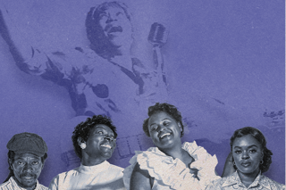 Four people posing behind purple backdrop of somebody singing