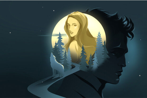 Colour illustration featuring a howling wolf on a winding path to a forest, a woman looking backwards and a brooding young man in profile against a starry sky.