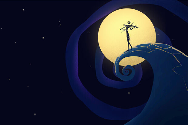 Nightmare Before Christmas character Jack Skellington silhouetted against a full moon playing the violin