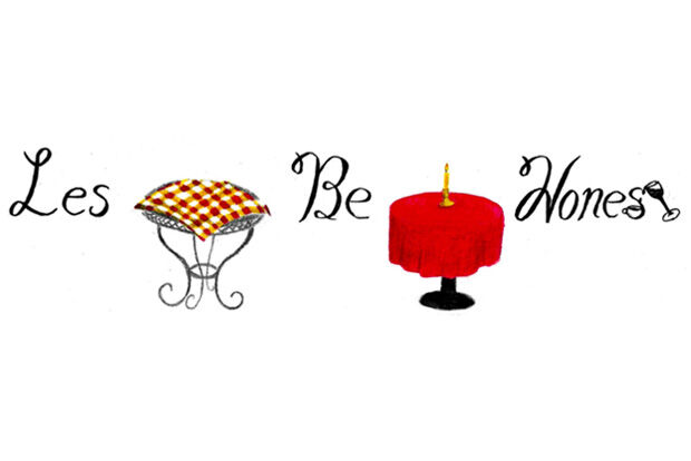 Illustration of small table with chequered table cloth and small round table with red table cloth and candle including hand-written text "Les Be Honest".