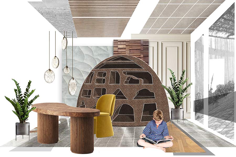 Yahui Shao. Initial collage for an interior using cork (in collaboration with Sofalca, cork manufacturer), 2023/24