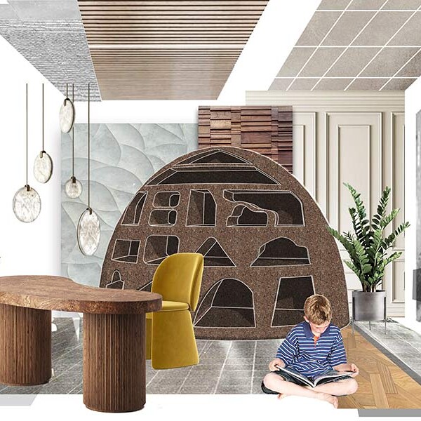 Yahui Shao. Initial collage for an interior using cork (in collaboration with Sofalca, cork manufacturer), 2023/24