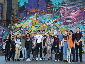 First year Birmingham City University BA Music Industries students with staff in Digbeth, Birmingham. Image Lyle Bignon for BCU Birmingham City University BA Music Industries students in Digbeth. Image Lyle Bignon for BCU