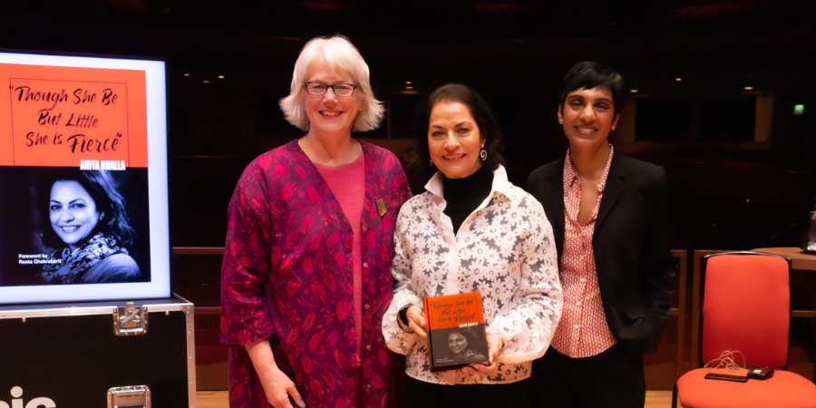 Anita Bhalla OBE with Professor Diane Kemp and Reeta Chakrabarti