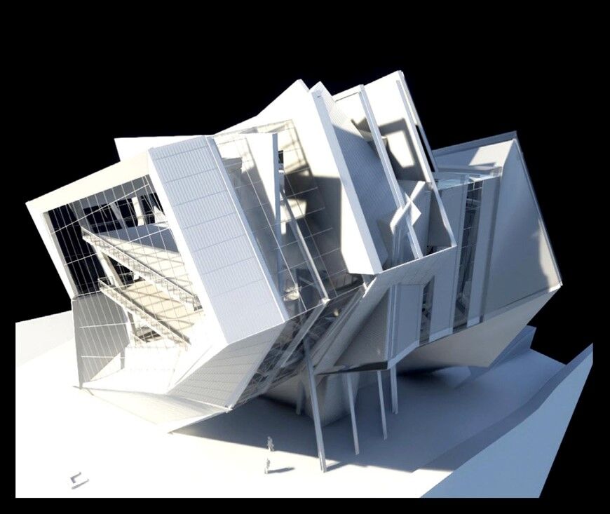 White architectural model featuring sharply angled planes and visible interior structure, against a black background