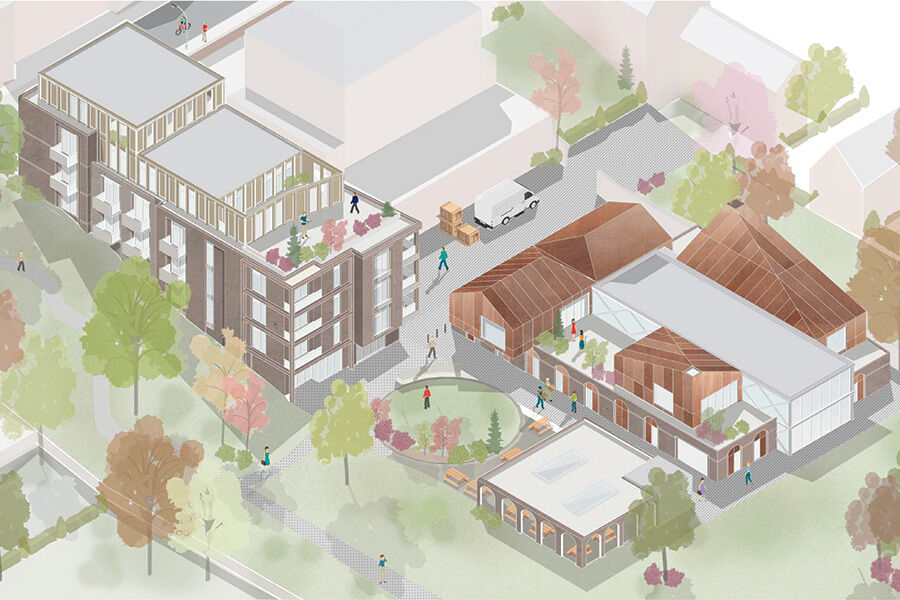 Isometric view architectural rendering of a proposed development with residential buildings, a community centre, and green spaces