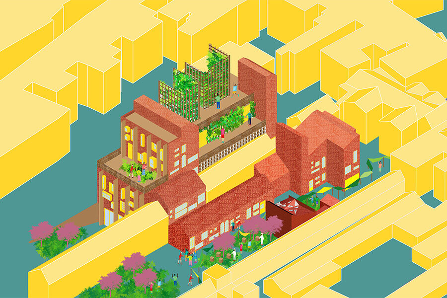 Isometric architectural rendering of a brick building complex in a yellow and teal urban setting, featuring a prominent rooftop garden with a green wall and visible people