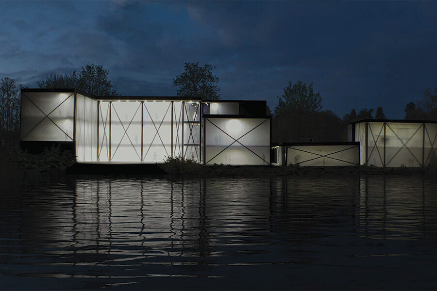 Architectural rendering of a contemporary building with illuminated windows at night, reflected in a lake