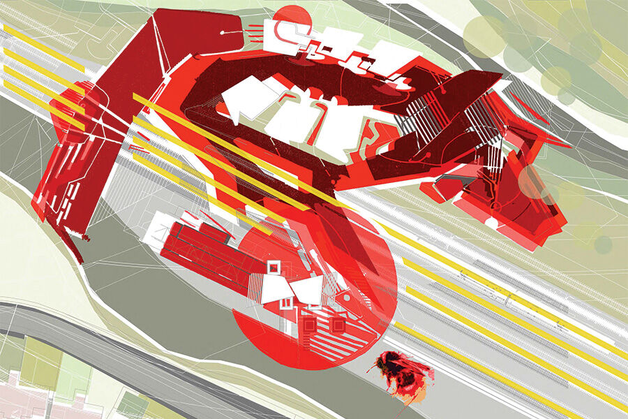 Architectural blueprint-style drawing featuring a complex red and white structure with diagonal lines and a small red figure at the bottom