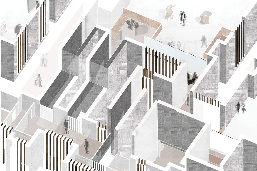 Isometric architectural rendering of an interior space with interconnected rooms and hallways, shown with abstract geometric shapes and textures
