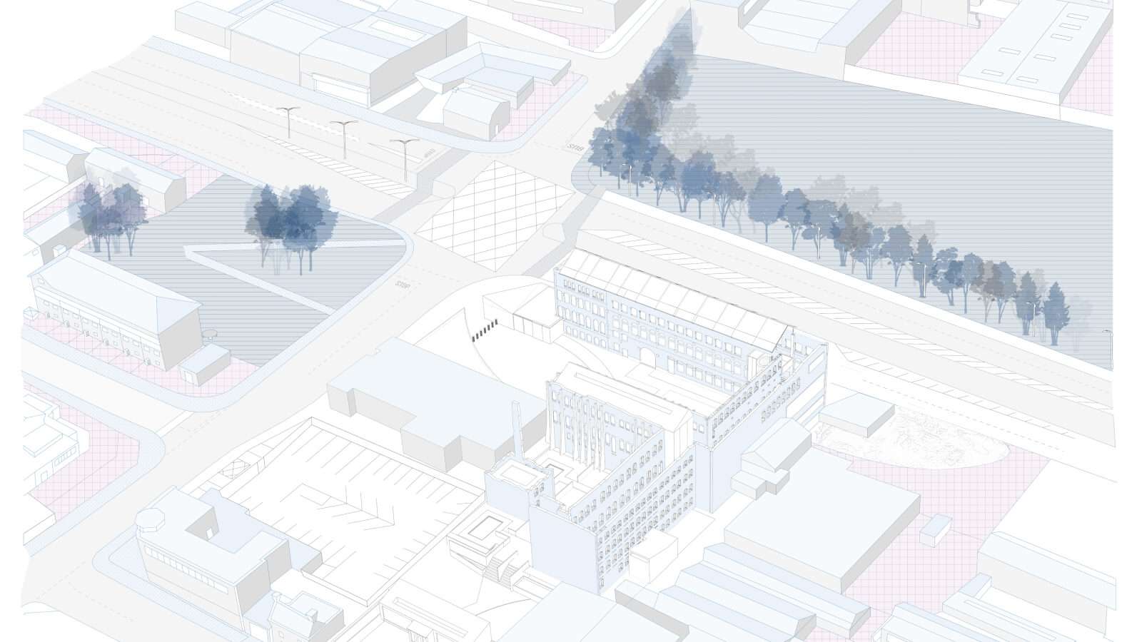 Isometric architectural rendering of a building complex with surrounding streets, sidewalks, trees, and other buildings in a light grey and white style