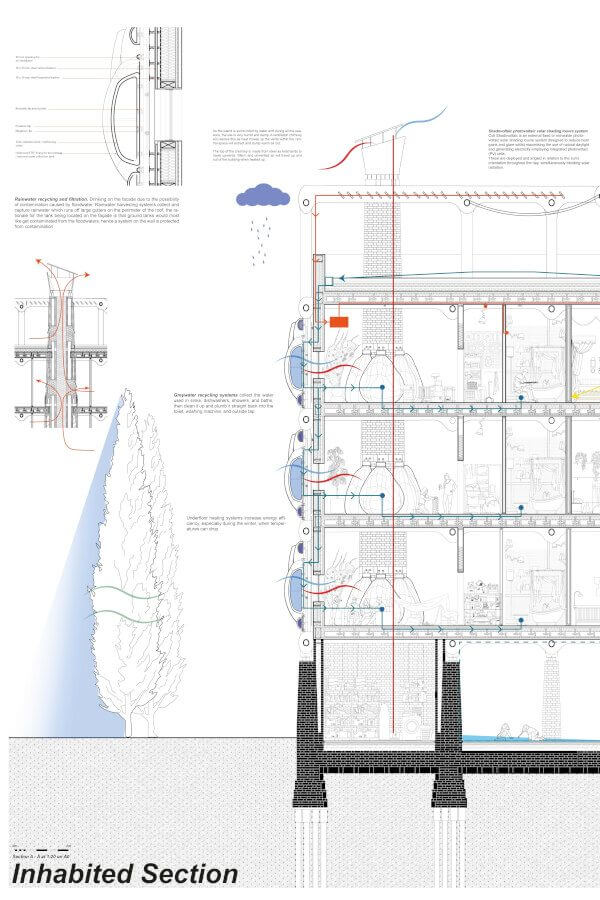 Detailed architectural cross-section drawing showing the internal structure and systems of a multi-story building, including plumbing, ventilation, and a tree planted at the base