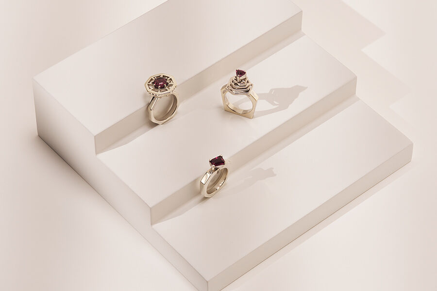 Jewellery and Silversmithing HND student work of 3 rings with gems