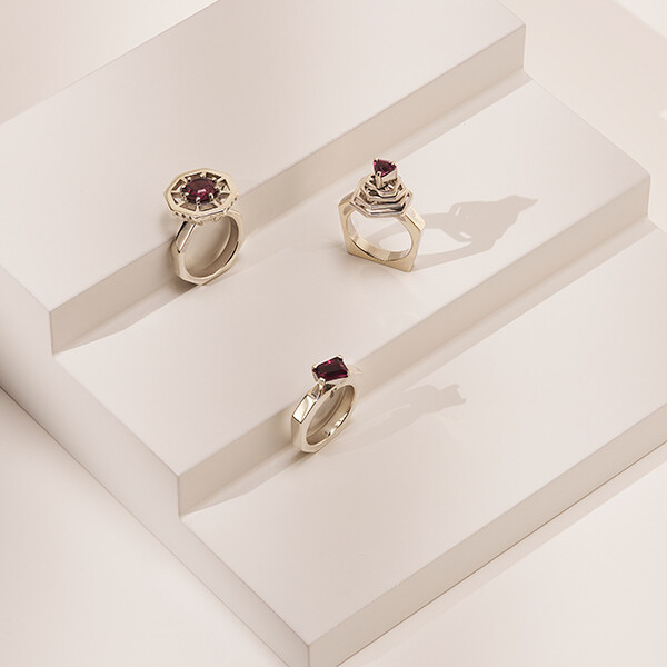 Jewellery and Silversmithing HND student work of 3 rings with gems