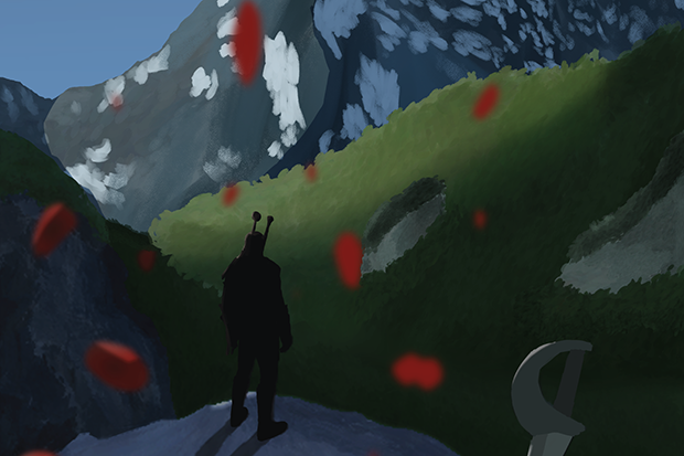 Game character with antennae standing in fantasy landscape