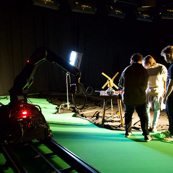 Students using film studio set