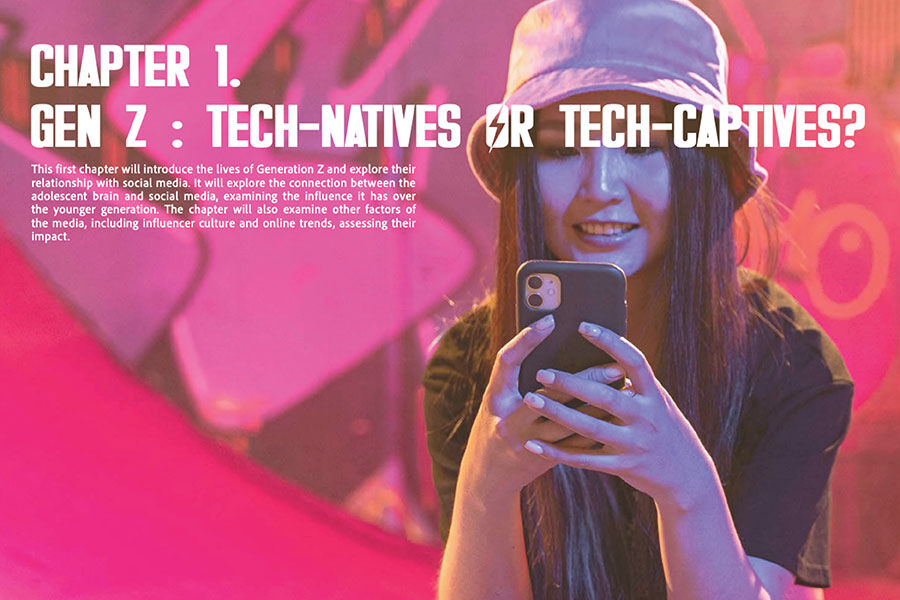 A young person wearing a light purple bucket hat looks at a smartphone they are holding. The text next to them reads "CHAPTER 1. GEN Z: TECH-NATIVES OR TECH-CAPTIVES?".