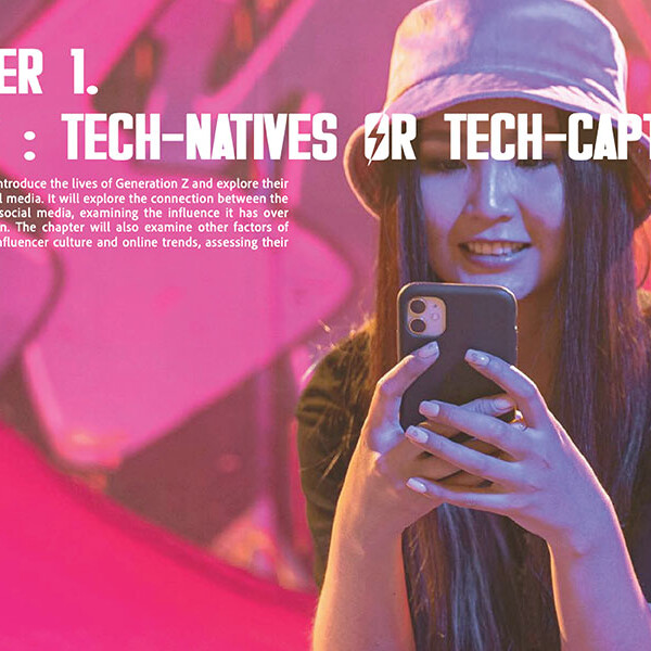A young person wearing a light purple bucket hat looks at a smartphone they are holding. The text next to them reads "CHAPTER 1. GEN Z: TECH-NATIVES OR TECH-CAPTIVES?".